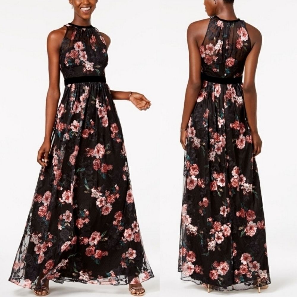 Adrianna Papell Black Floral Lace‎ Halter Maxi Gown